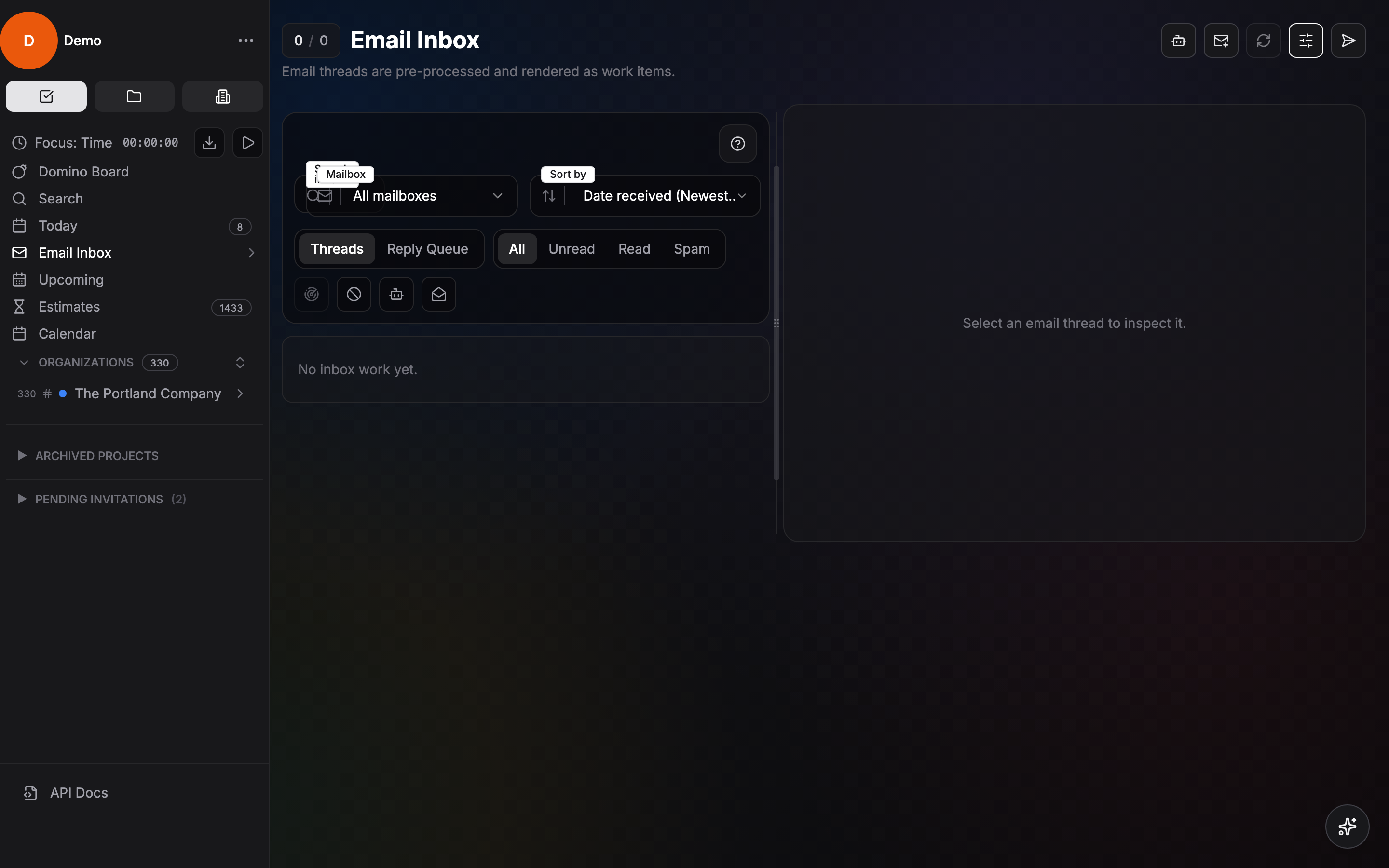 Email inbox integrated with tasks
