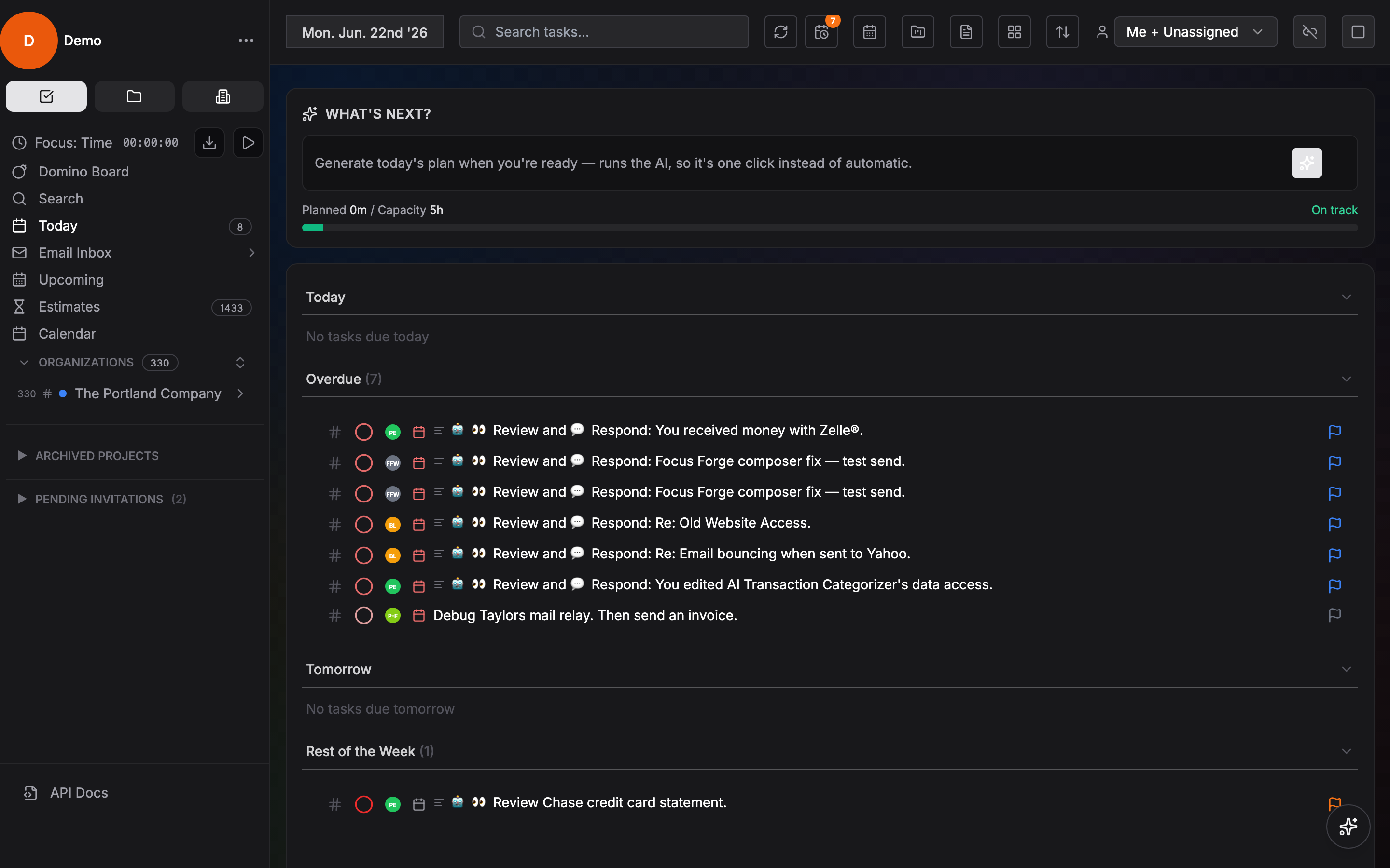 Focus Forge Today view showing tasks, due dates, and priorities